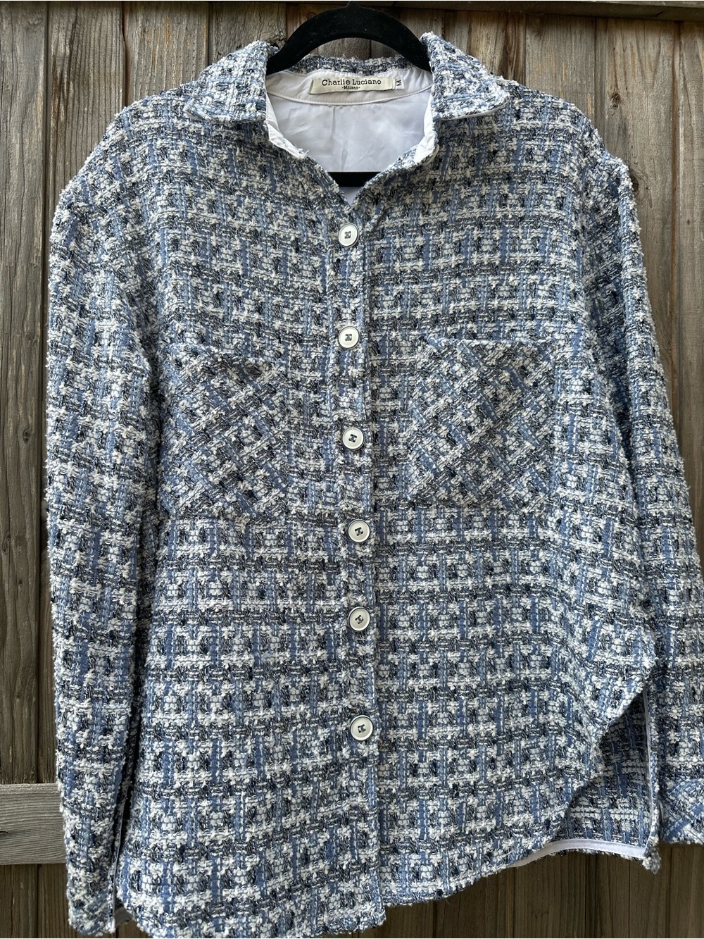 Blue Tweed Button-Front Jacket